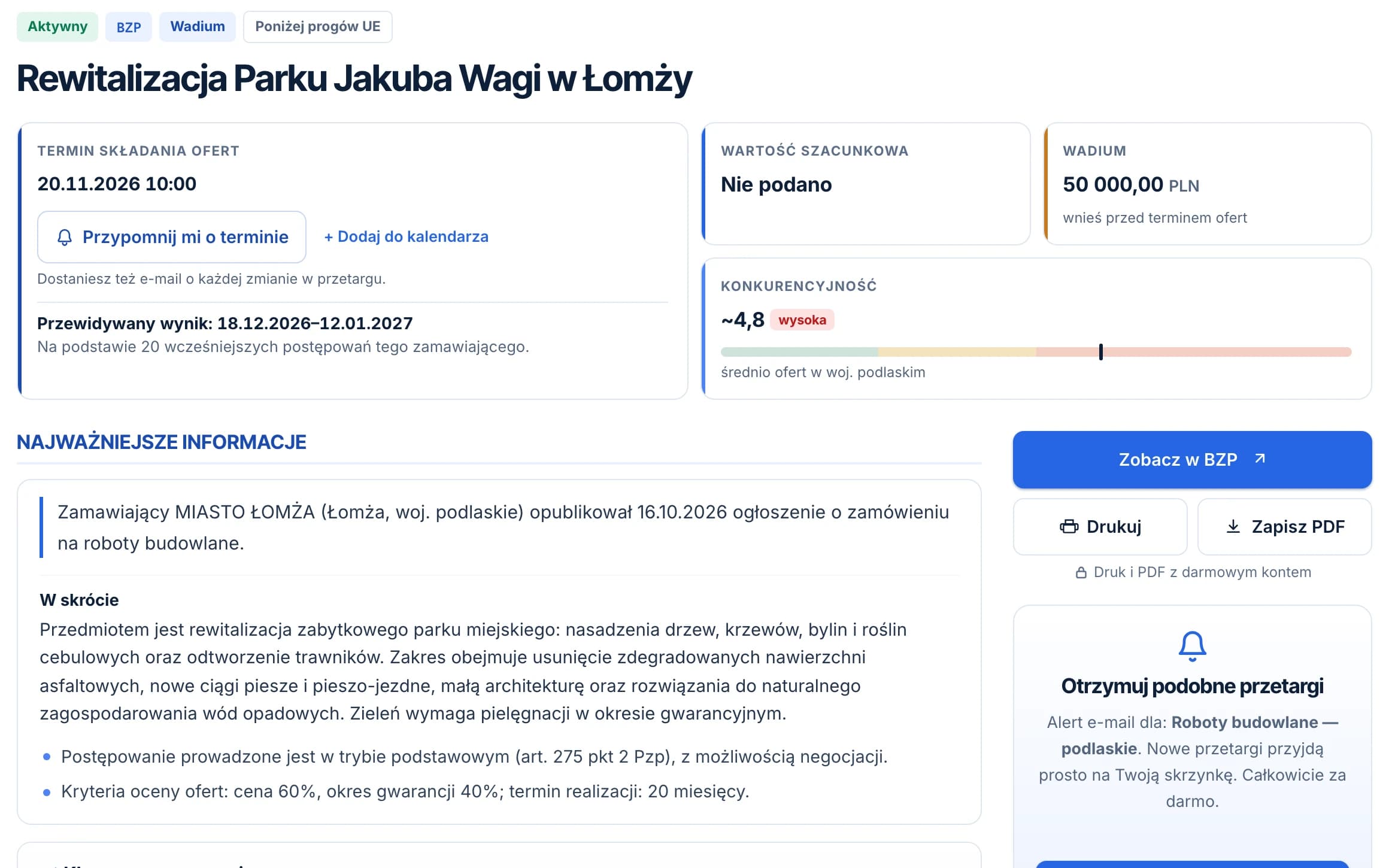 Karta przetargu na rewitalizację Parku Jakuba Wagi w Łomży z terminem składania ofert, wadium, konkurencyjnością i podsumowaniem W skrócie.