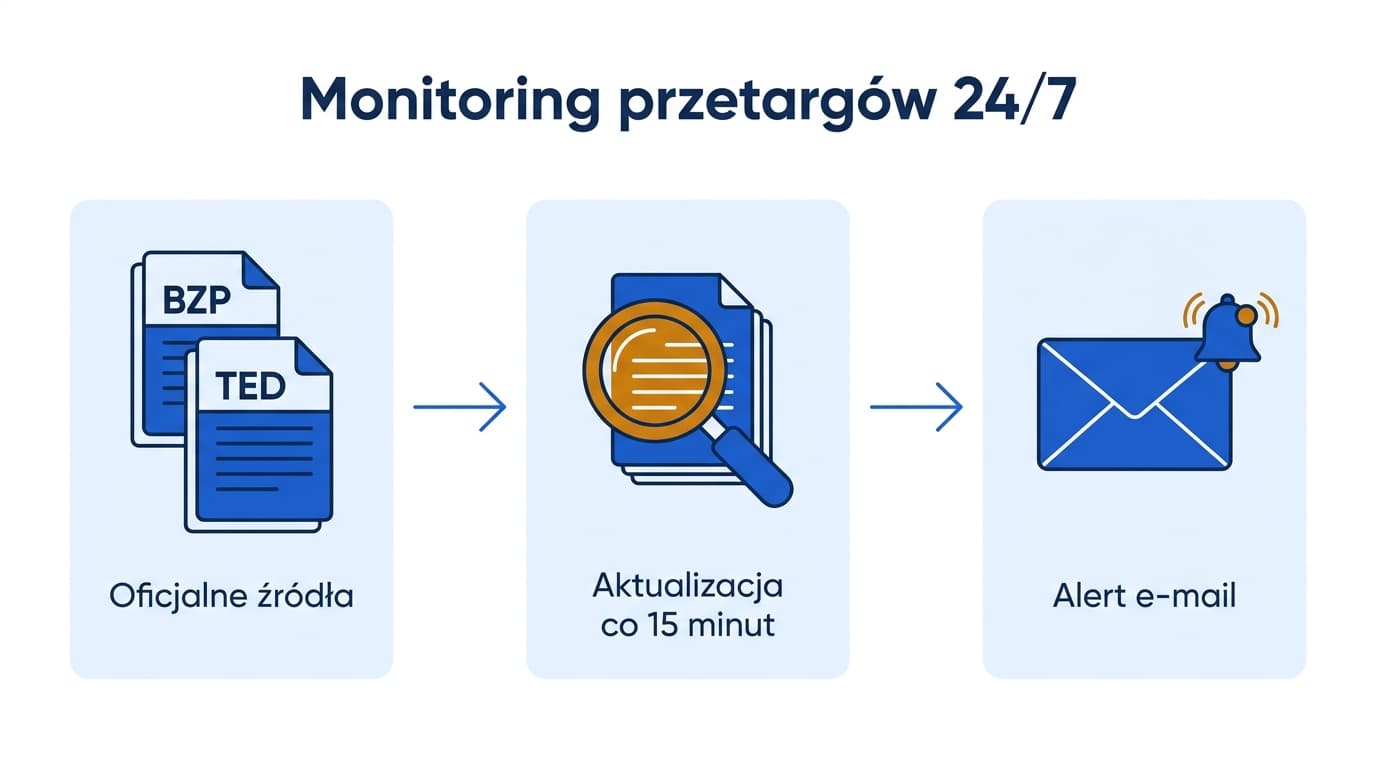 Infografika: monitoring przetargów 24/7 — dane z BZP i TED aktualizowane co 15 minut trafiają jako alerty e-mail
