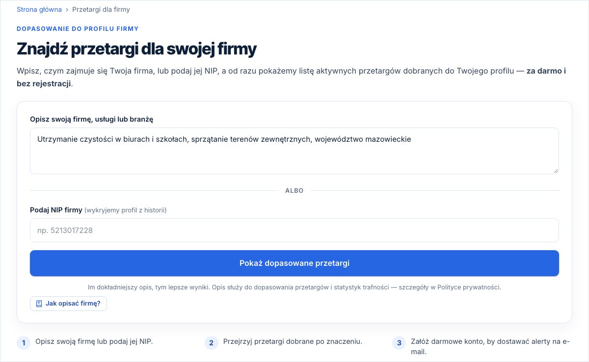 Formularz dopasowania przetargów z opisem usług utrzymania czystości, polem NIP i przyciskiem pokazującym wyniki
