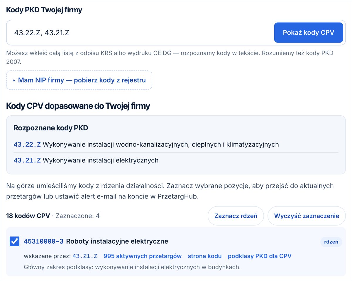 Narzędzie PKD na CPV z kodami 43.22.Z i 43.21.Z oraz listą dopasowanych kodów zamówień publicznych
