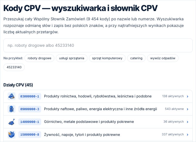 Wyszukiwarka i słownik kodów CPV z polem wyszukiwania, przykładowymi frazami oraz listą działów klasyfikacji