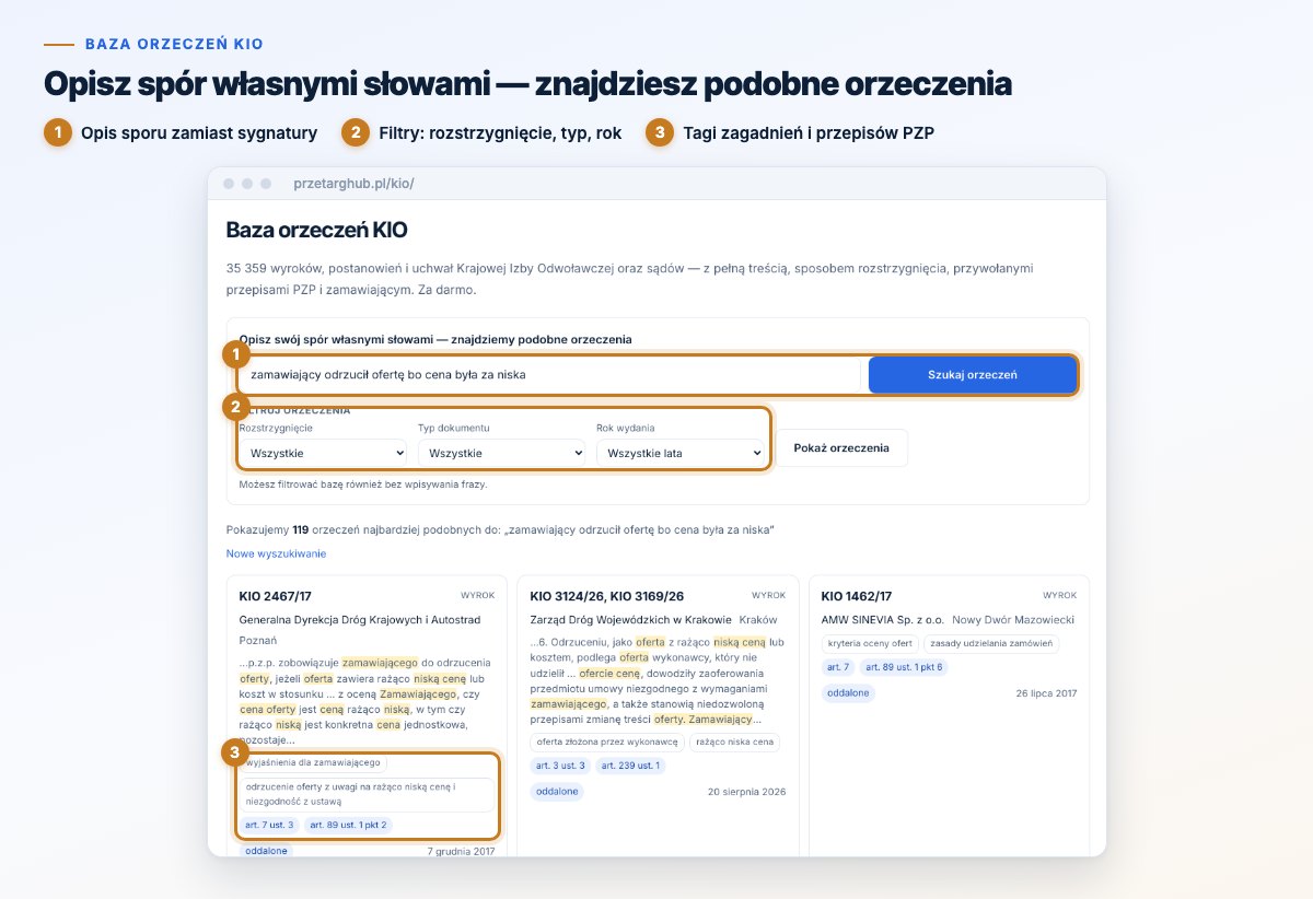 Wyszukiwarka orzeczeń KIO z opisem sporu własnymi słowami, filtrami i wynikami z tagami przepisów PZP