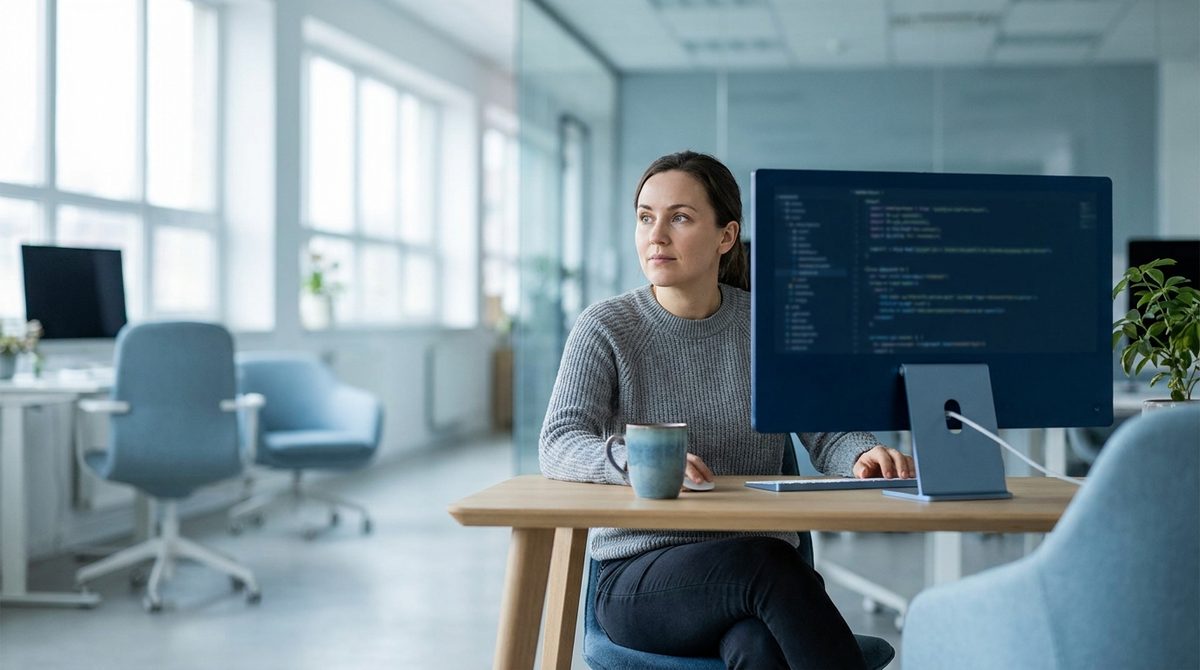 Programistka pisze kod — przetargi IT na oprogramowanie