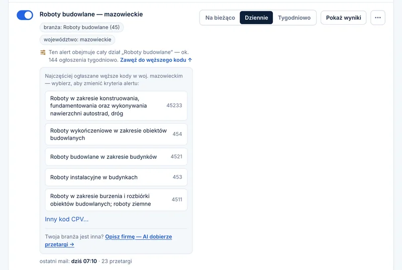 Panel PrzetargHub — alert na cały dział „Roboty budowlane” z podpowiedzią „Zawęź do węższego kodu” i listą najczęstszych węższych kodów.