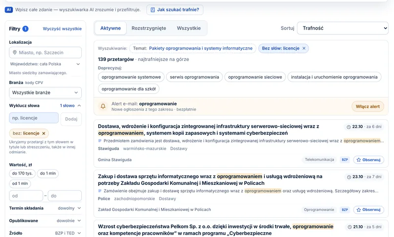 PrzetargHub — lista przetargów „oprogramowanie” z polem „Wyklucz słowa”, chipem „bez: licencje” i chipem „Bez słów: licencje” nad wynikami.