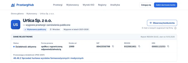 PrzetargHub — nagłówek profilu wykonawcy z przyciskiem „Obserwuj konkurenta” i podpisem „E-mail o nowych wygranych tej firmy”.