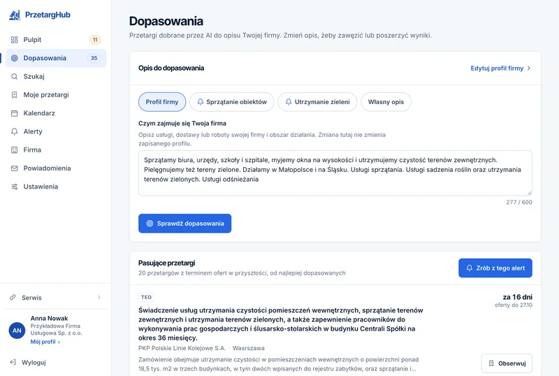 Panel PrzetargHub — sekcja Dopasowania: wybór opisu firmy, pole opisu działalności i lista przetargów dobranych przez AI.