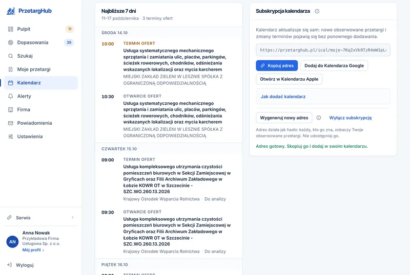 Panel PrzetargHub — Kalendarz: lista „Najbliższe 7 dni” i karta subskrypcji z prywatnym adresem .ics oraz przyciskami dodania do kalendarza.