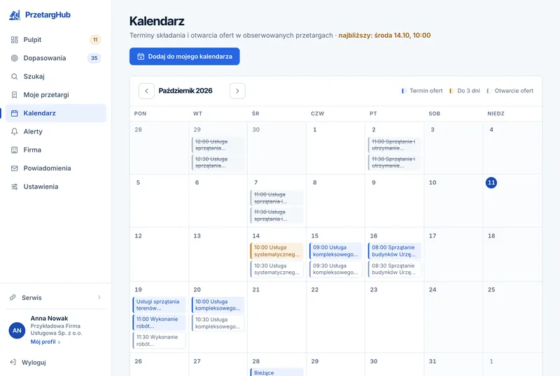 Panel PrzetargHub — sekcja Kalendarz: widok miesiąca z terminami składania i otwarcia ofert w obserwowanych przetargach.