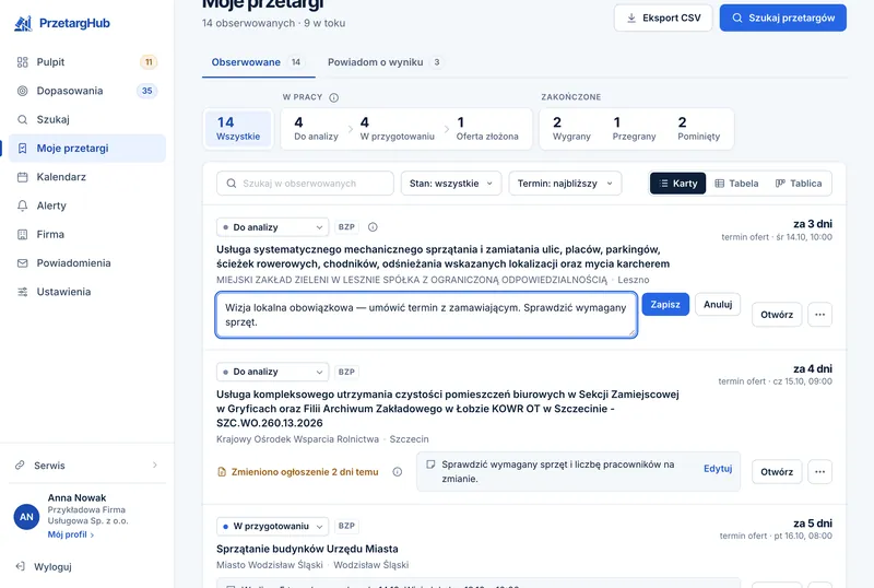 Panel PrzetargHub — Moje przetargi: otwarte pole notatki przy obserwowanym przetargu z przyciskami „Zapisz” i „Anuluj”.