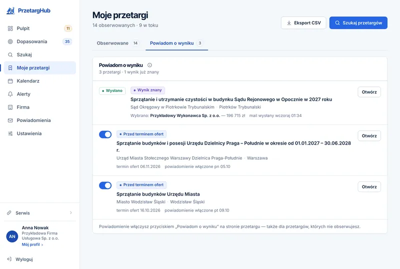 Panel PrzetargHub — zakładka „Powiadom o wyniku”: przetargi z włączonym powiadomieniem, znany wynik i przełączniki powiadomień.
