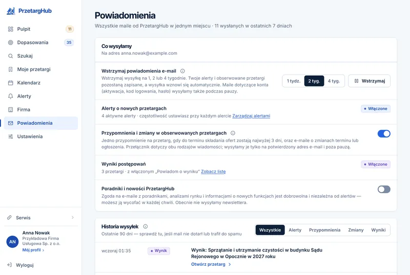 Panel PrzetargHub — sekcja Powiadomienia: pauza maili, rodzaje wysyłanych wiadomości z przełącznikami i historia wysyłek.