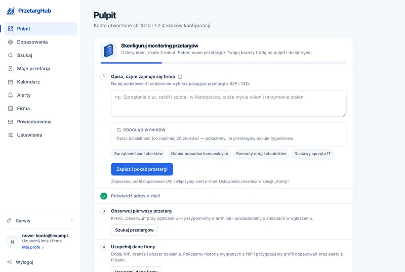 Panel PrzetargHub — Pulpit nowego konta z kreatorem konfiguracji: pole opisu działalności firmy, podgląd wyników i kolejne kroki.