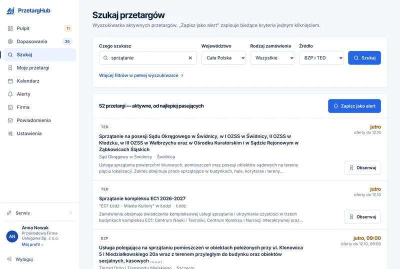 Panel PrzetargHub — sekcja Szukaj przetargów: formularz z frazą, województwem, rodzajem zamówienia i źródłem oraz lista wyników.