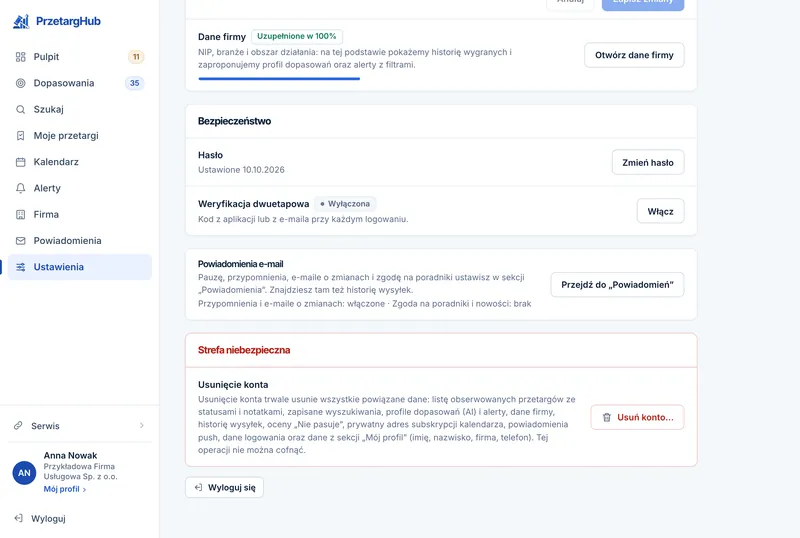 Panel PrzetargHub — Ustawienia: karta danych firmy, bezpieczeństwo z hasłem i weryfikacją dwuetapową oraz usunięcie konta.