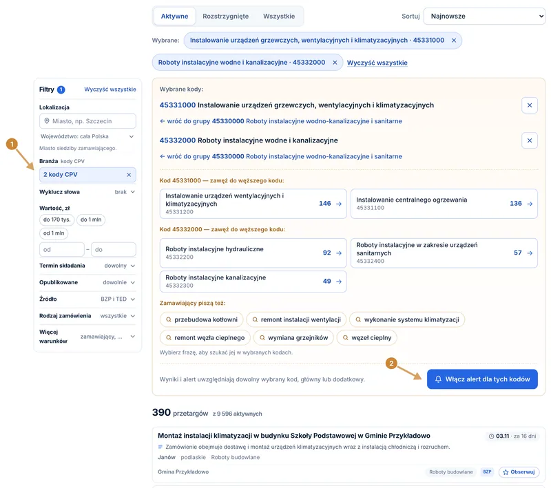 Lista przetargów z aktywnym filtrem dwóch kodów CPV, panelem wybranych kodów i przyciskiem włączenia alertu