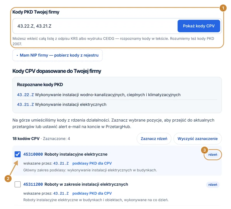 Wynik wyszukiwania kodów CPV dla kodów PKD 43.22.Z i 43.21.Z z zaznaczonym pierwszym kodem z rdzenia