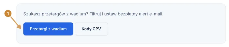 Sekcja z pytaniem o przetargi z wadium i przyciskiem Przetargi z wadium prowadzącym do listy ogłoszeń.