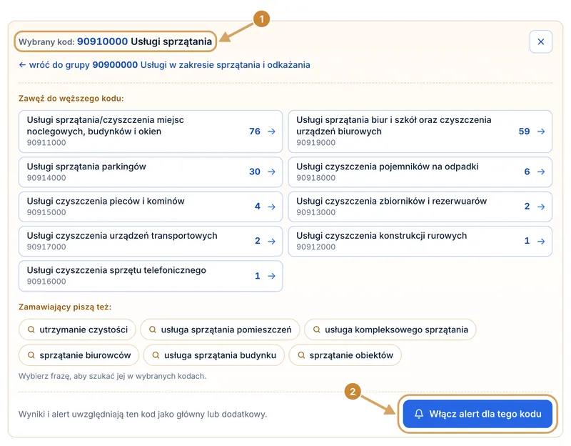Panel wybranego kodu 90910000 nad listą przetargów, kody węższe i przycisk Włącz alert dla tego kodu.