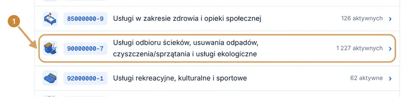 Fragment drzewa kategorii pokazujący główny dział 90000000-7 wraz z przypisaną liczbą aktywnych przetargów.