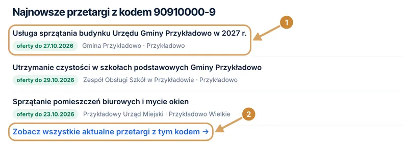 Sekcja prezentująca listę najnowszych ogłoszeń przypisanych do kodu 90910000-9 z zielonymi etykietami terminów.