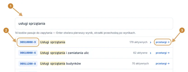 Pole wyszukiwarki z wpisaną frazą usługi sprzątania i lista dopasowanych kodów z wyróżnionym kodem 90910000-9.