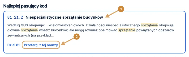 Strona wyników wskazująca najlepiej pasującą podklasę 81.21.Z Niespecjalistyczne sprzątanie budynków oraz fragment opisu.