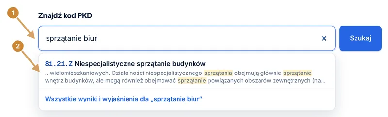 Pole wyszukiwania z wpisanym hasłem sprzątanie biur i rozwiniętą listą podpowiedzi z podklasą 81.21.Z.