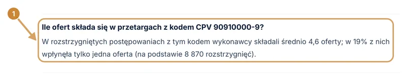 Ramka z odpowiedzią na pytanie o średnią liczbę ofert dla kodu 90910000-9 i odsetek postępowań z jednym oferentem.